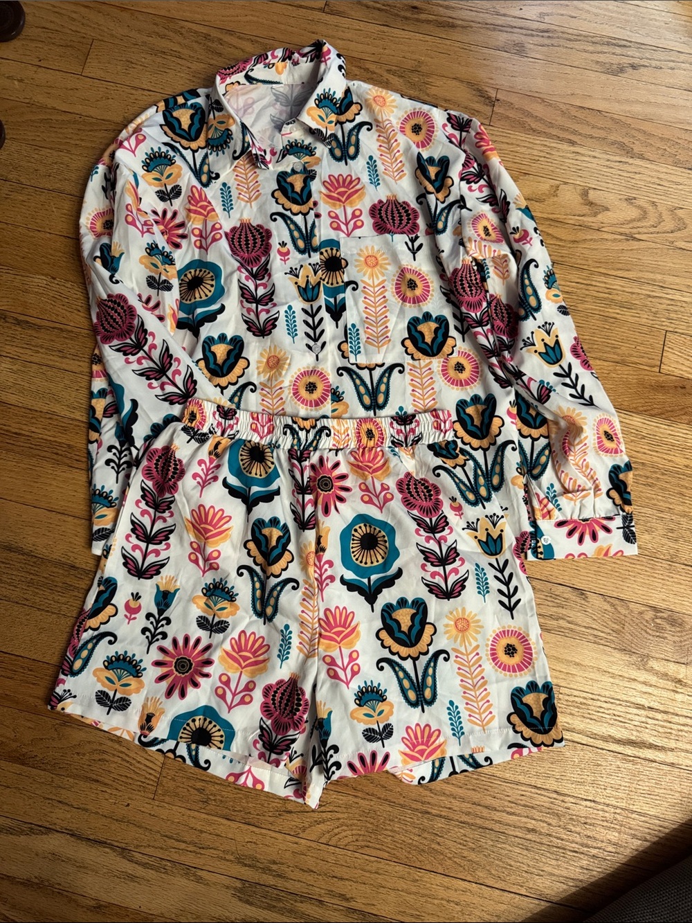 SHEIN White Floral Print Button-Up Blouse with Matching Shorts